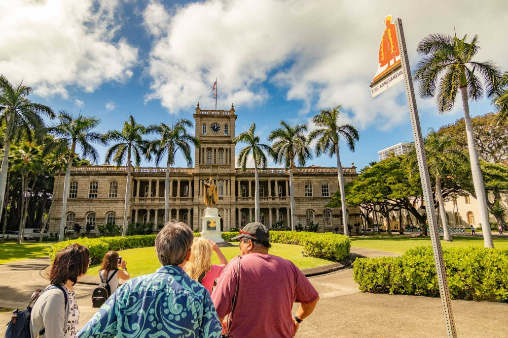 Aliiolani Hale And Kamehameha Statue Visitors And Sign Honolulu 