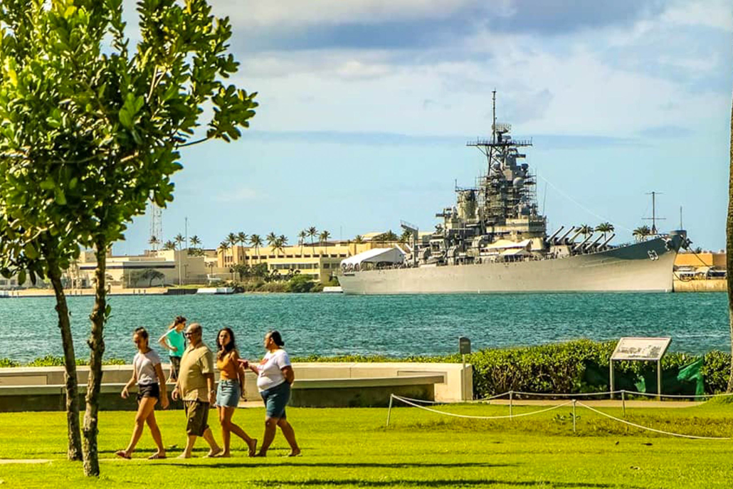 Pearl Harbor Visitor Center Grounds Uss Missouri In Background