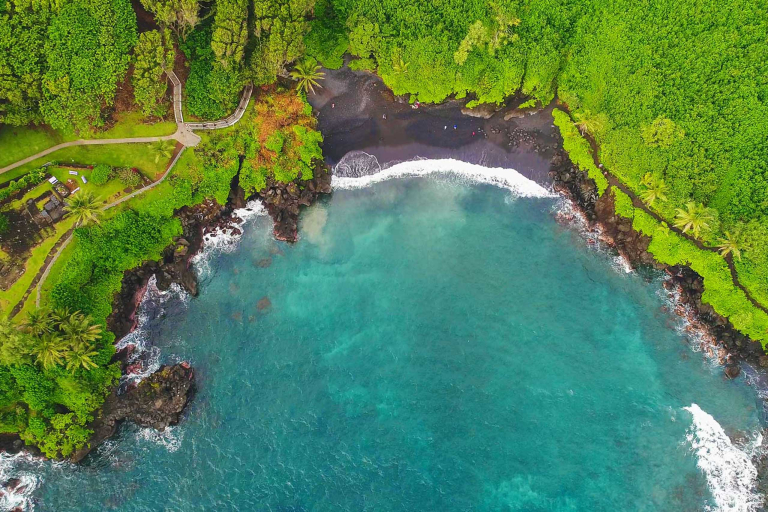 An Aerial View Of The Black Sand Beach In Waianapanapa State Park Along The Road To Hana In East Maui