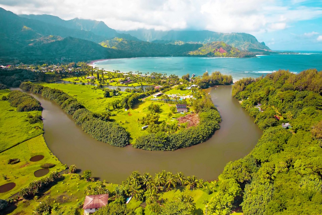 drone aerial panorama hanalei bay kauai hawaii