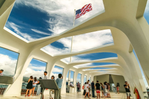Arizona Memorial Visitors And Flag Pearl Harbor Oahu