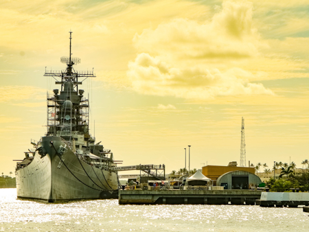 Pearl Harbor Uss Missouri And Dock At Sunset