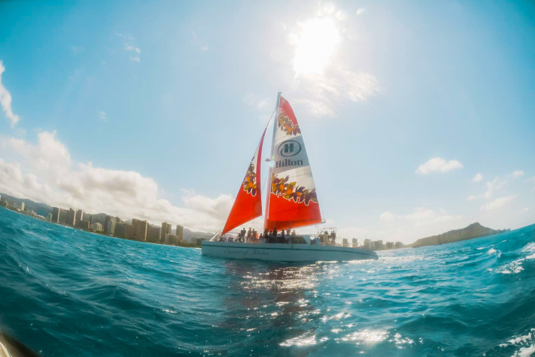 Sailing Catamaran Along The Waikiki Coastline Port Waikiki Cruises 
