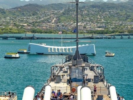 Arizona Memorial view from USS Missouri Bridge Pearl Harbor Oahu