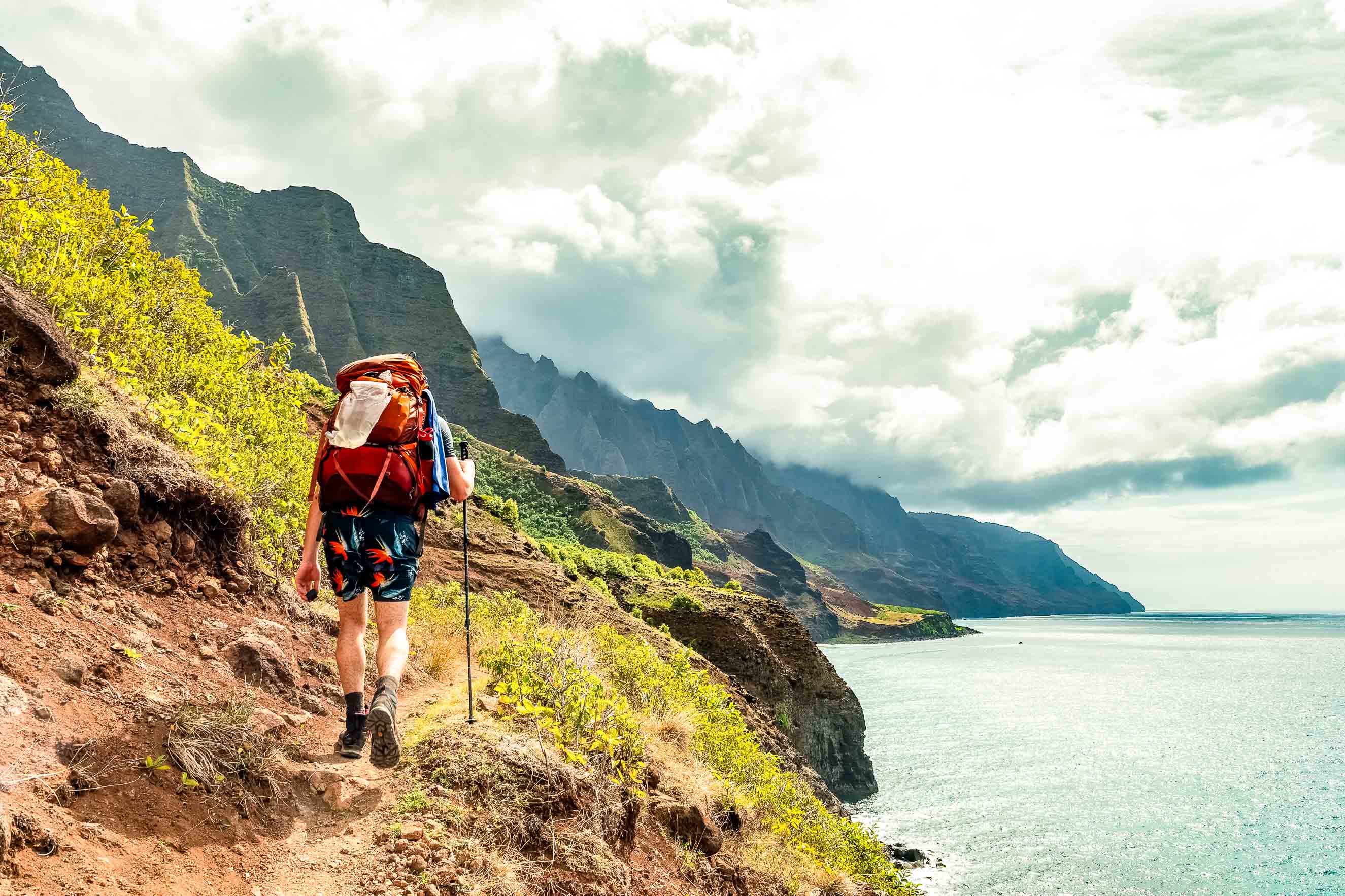 Hiking Visitor on Kalalau Trail in Na Pali State Park North Kauai