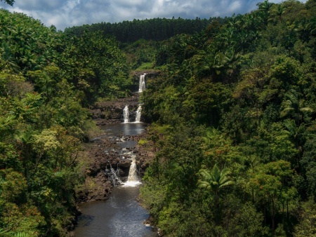 triple waterfall feeding pools in stream on the big island hawaii banner