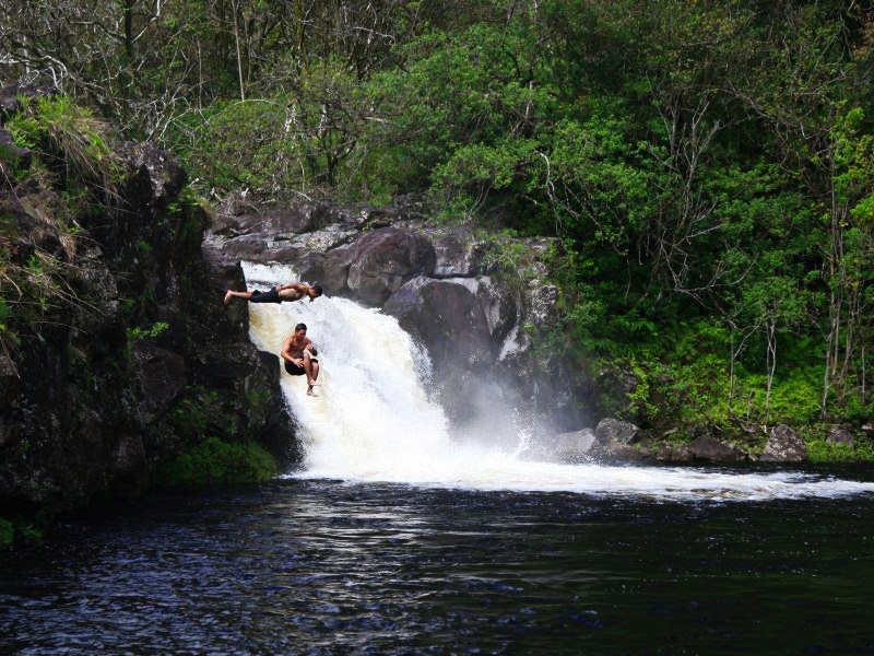 umauma fall and zipline experience big island two man jump in the water