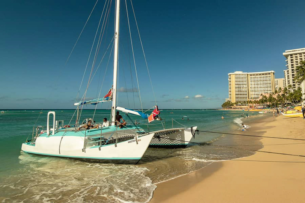 Waikiki Beach And Catamaran Boat