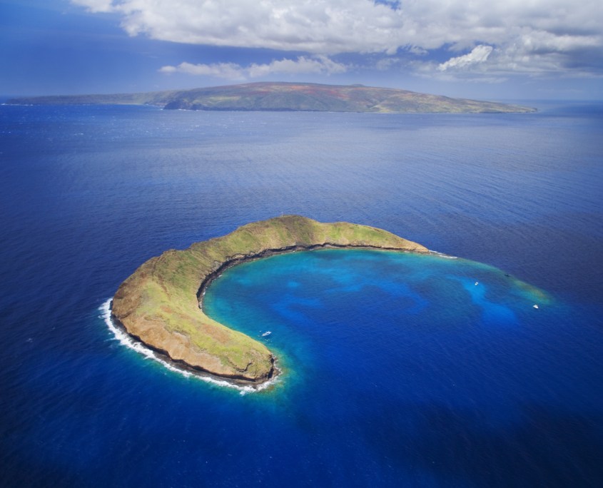 Hawaii, Maui, Molokini with Kaho'olawe in the Distance.