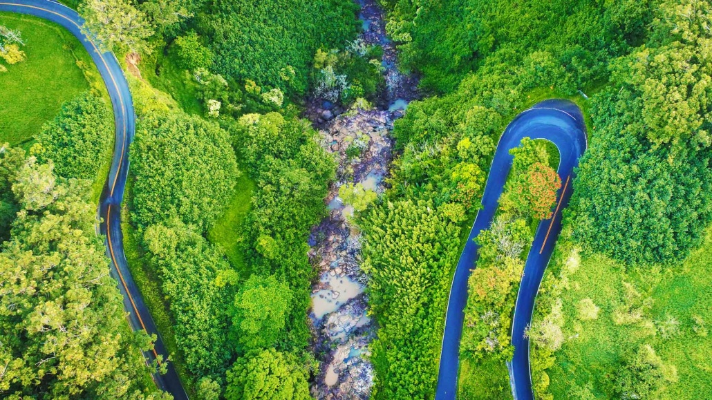 an aerial drone view of hana highway on the road to hana in maui