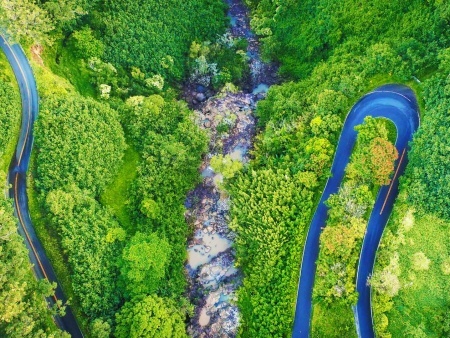 an aerial drone view of hana highway on the road to hana in maui