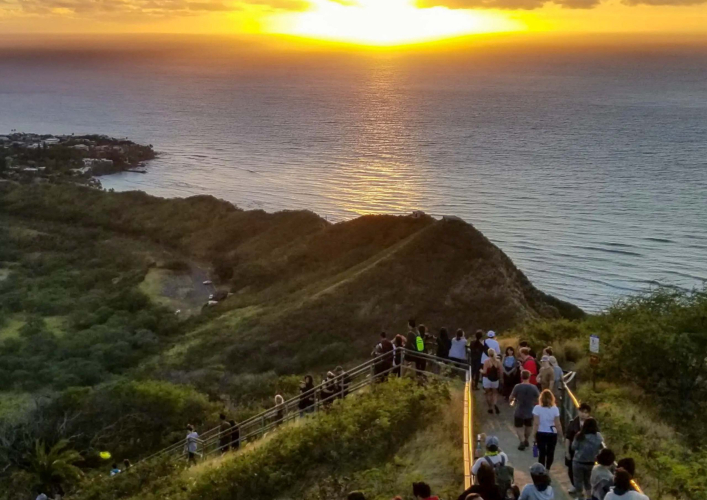 Kaimanatours Diamond Head Self Guided Hike People Hiking Downhill 