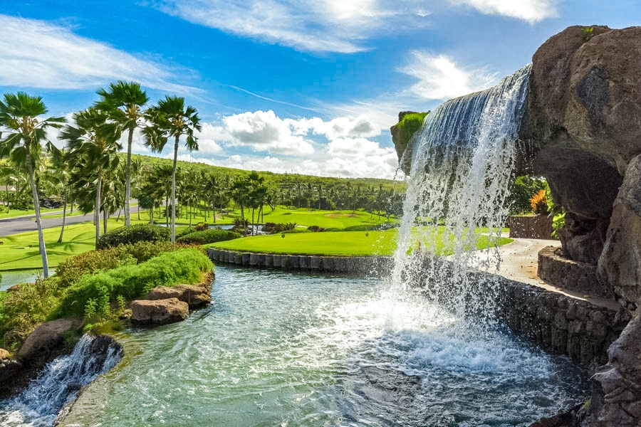 Ko Olina Golf Club Waterfall and Green Oahu