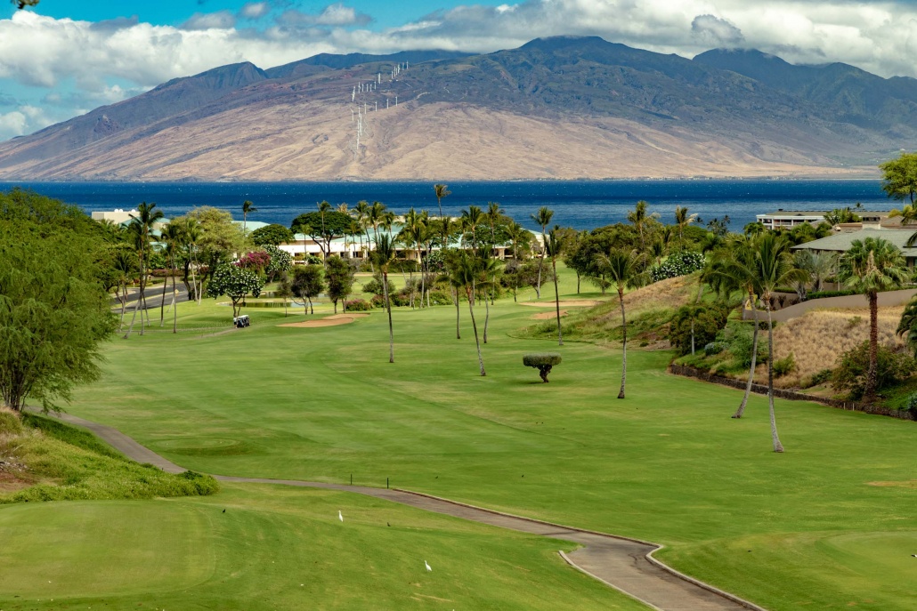 Wailea Blue Course Golfers and Mountains Maui