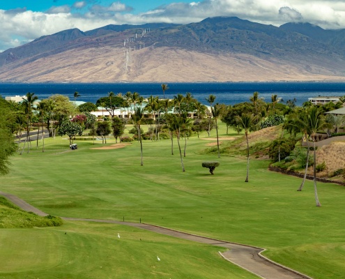 Wailea Blue Course Golfers and Mountains Maui