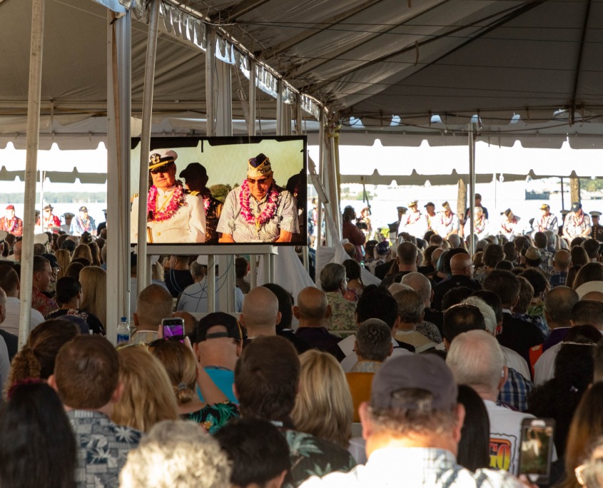 Pearl Harbor Day Tents Survivors and Crowd Dec th Oahu