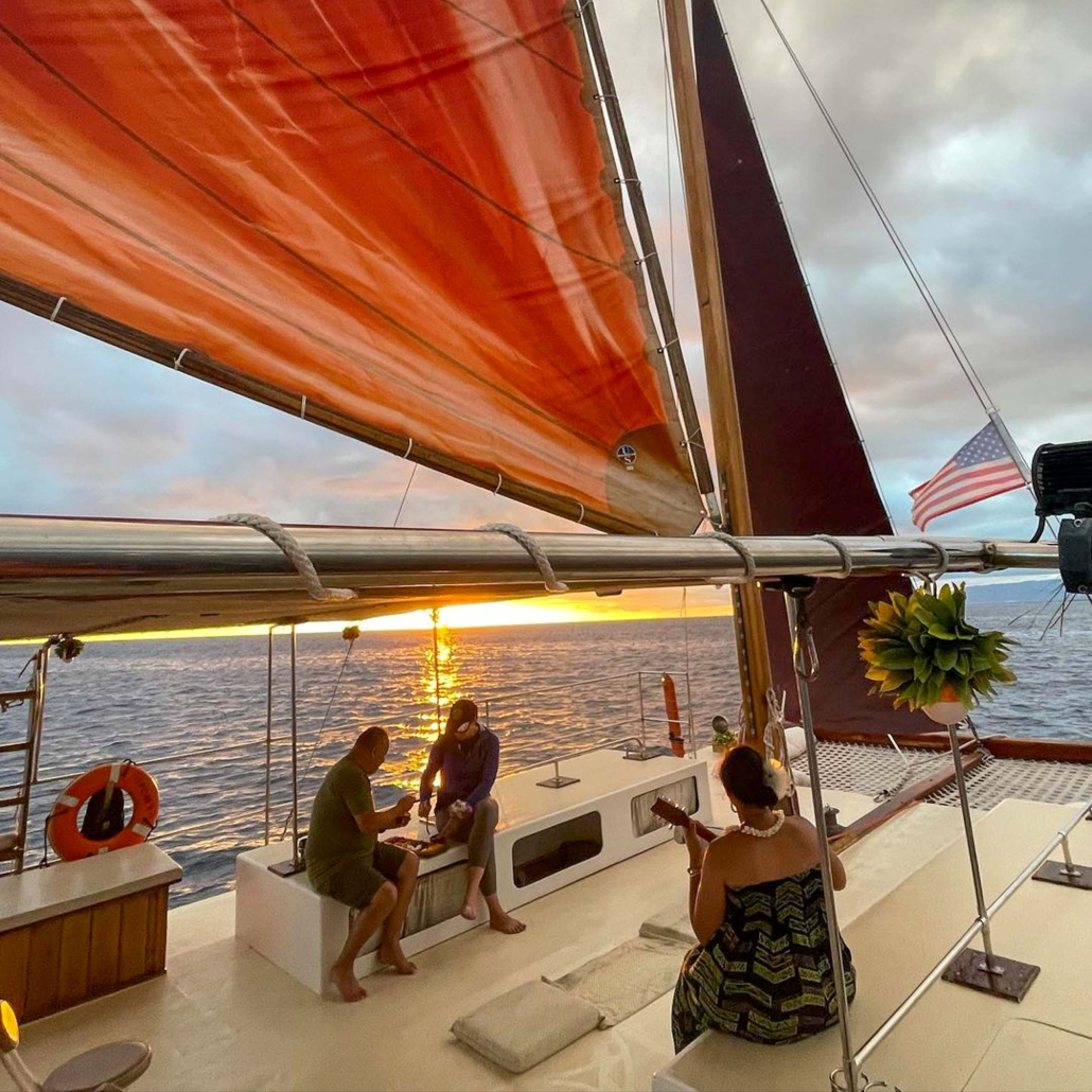 Kamoaul Sunset Cruise On A Traditional Sailing Canoe Guest On Board Sunset