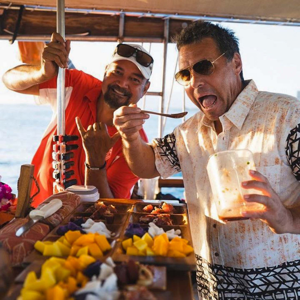 Kamoauli Traditional Polynesian Sailing Canoe Guests Having Fun With Food
