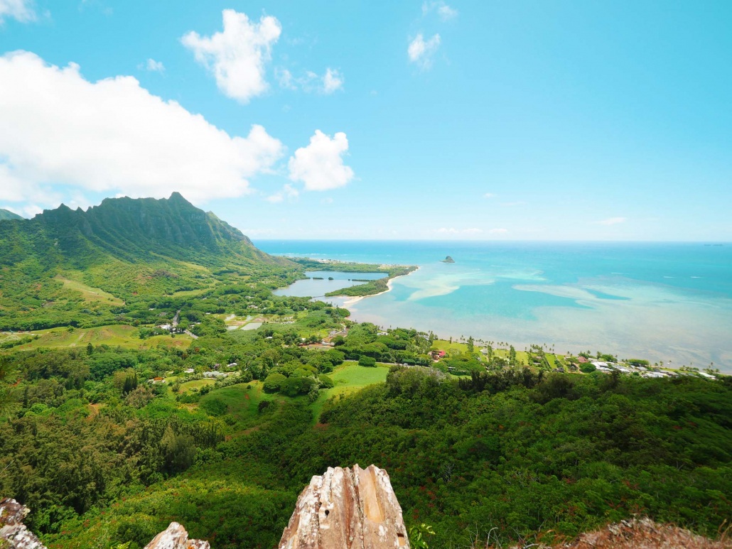 panoramic view from a cliff above kaneohe bay kualoa oahu hawaii