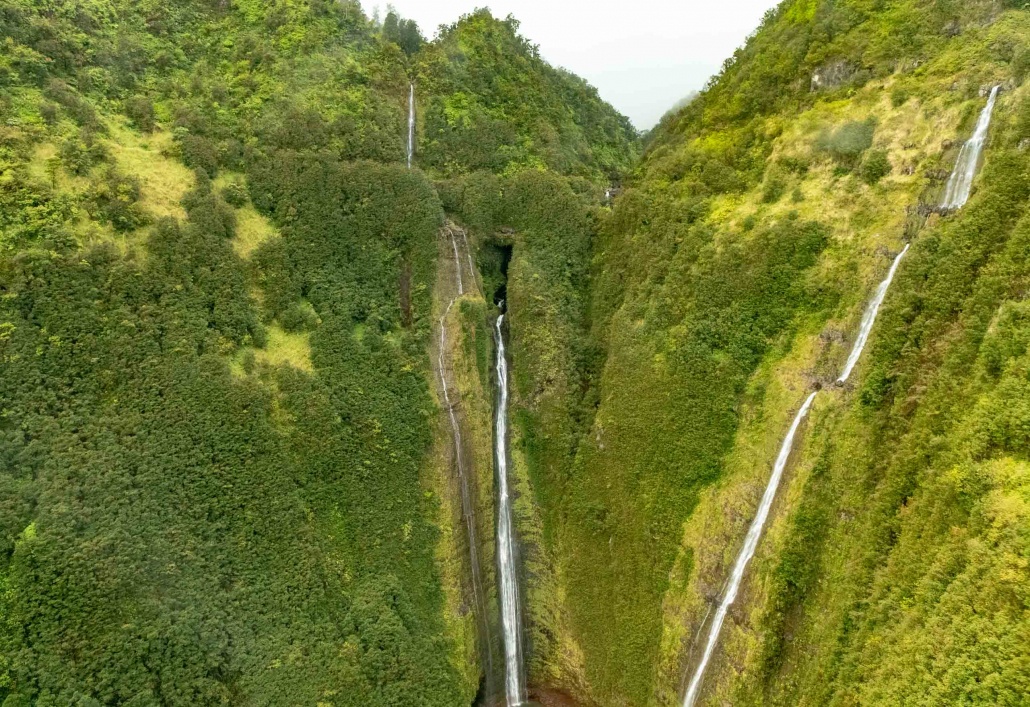 Waterfalls in the upper valleys of the Hana rainforest in east Maui