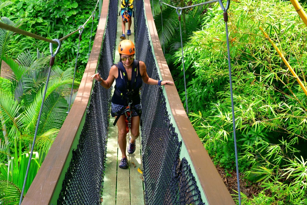 cross multiple suspension bridges and tree platforms jungle zipline maui