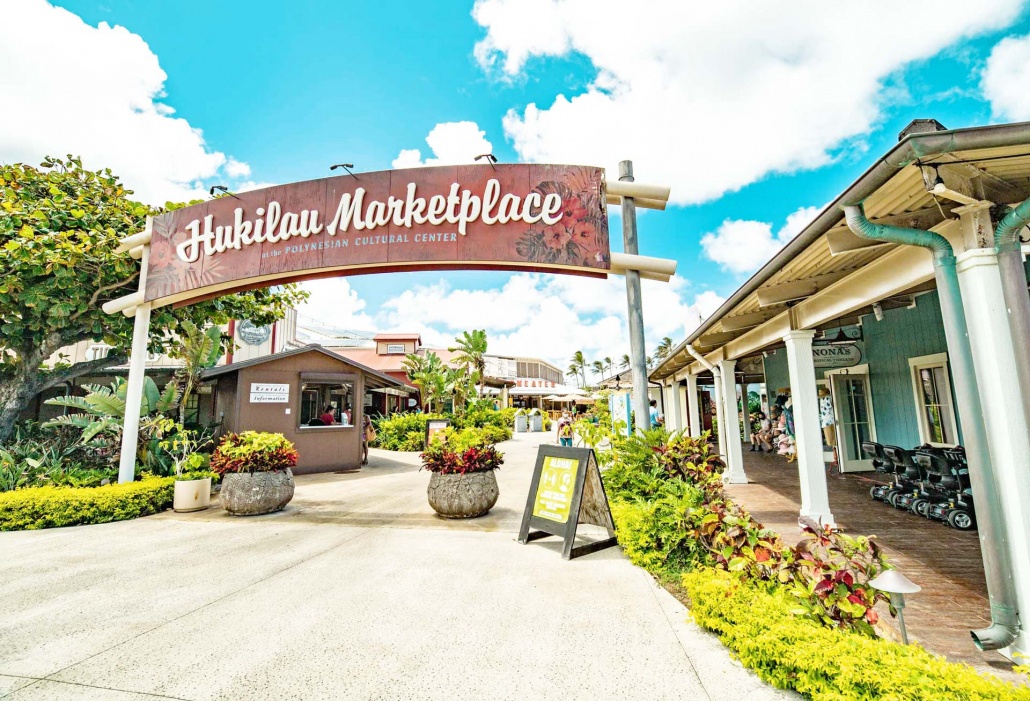 polynesian cultural center hukilau market place entrance and shops oahu hawaii