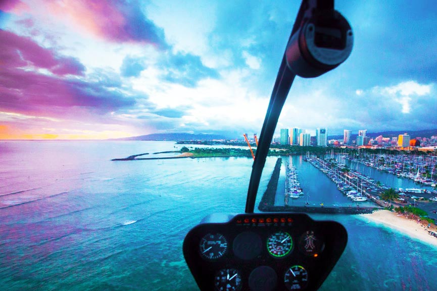 beautiful waikiki sunset from a cockpit view oahu rainbow helicopters