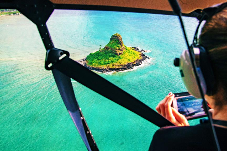 chinamans hat as seen from a star doors off helicopter oahu rainbow helicopters
