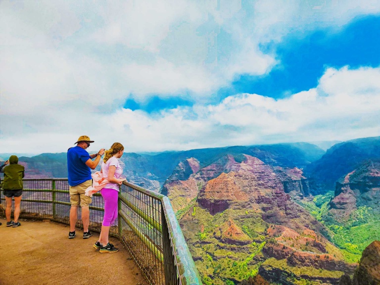 waimea canyon overlook and visitors kauai hawaii