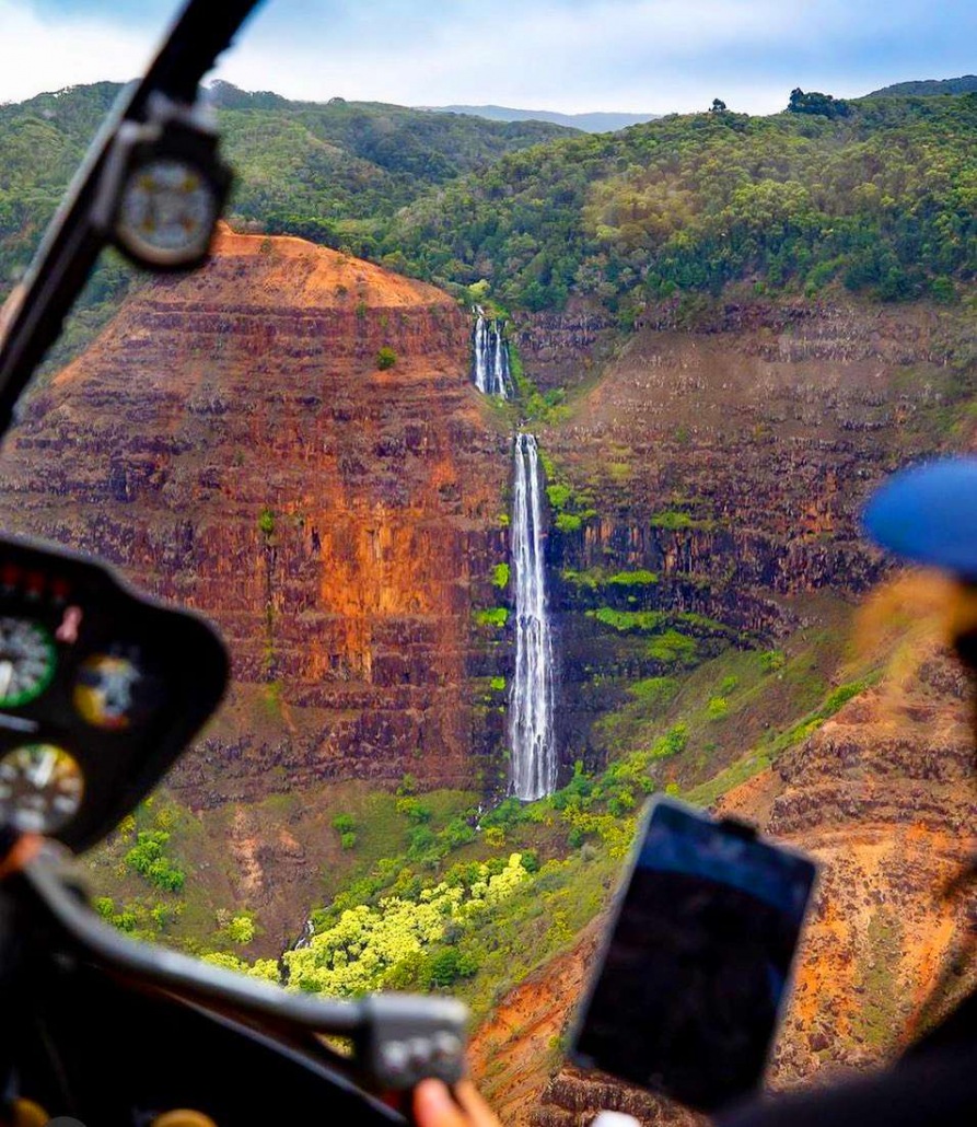 mauna loa helicopters take photo beautiful waterfall