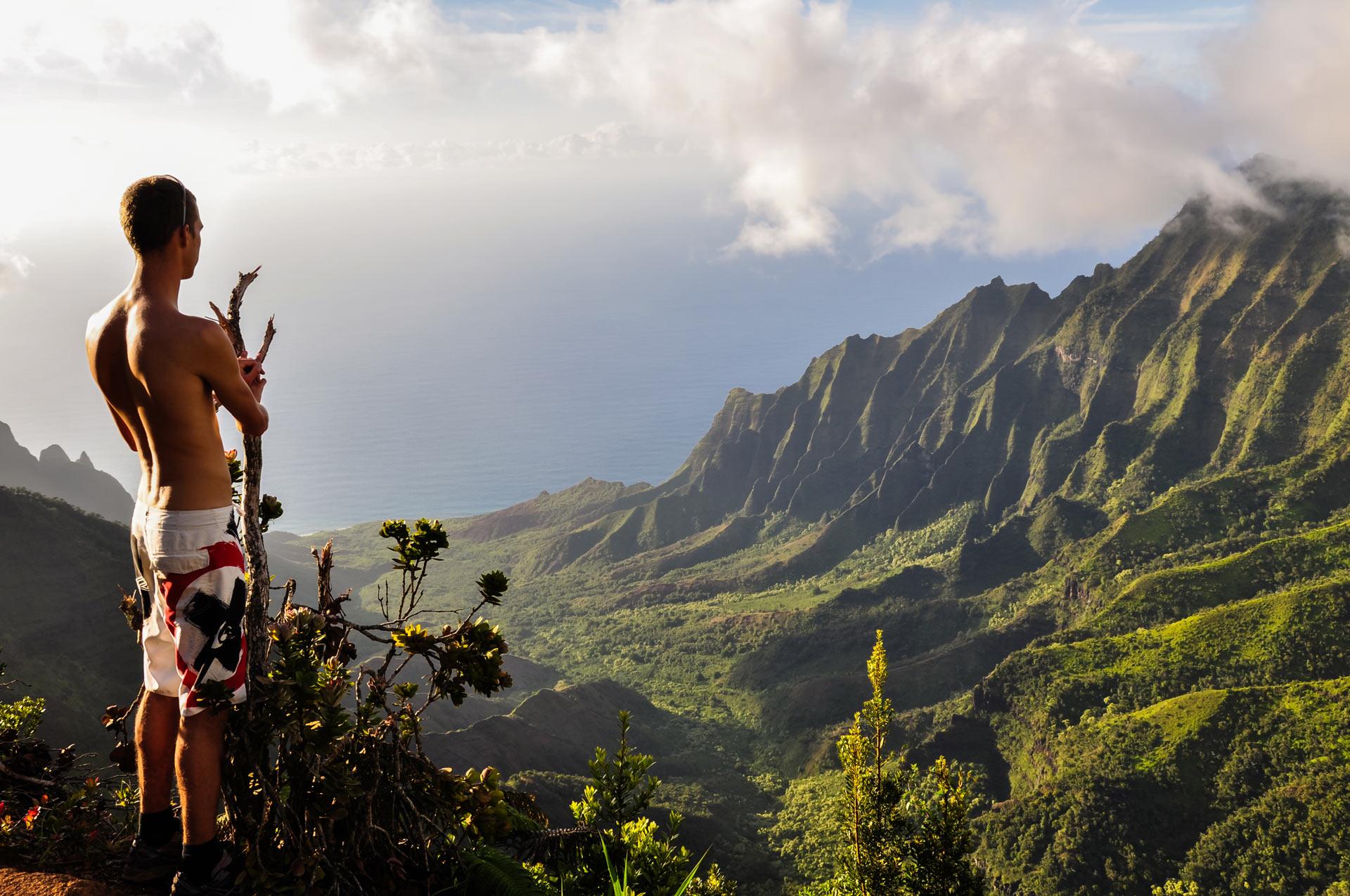 man looks over kalalau valley in kauai hawaii in spring