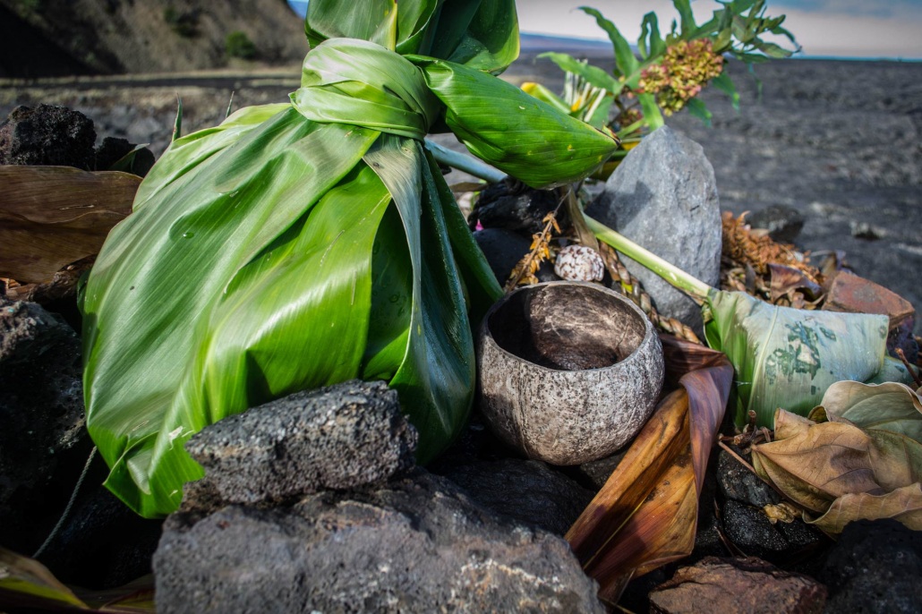 shrine of the hawaiian goddess pele and offerings