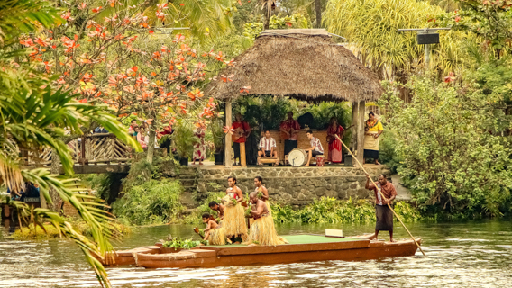 Oahu Polynesian Cultural Center Parade Of Canoes Lagoon And Band