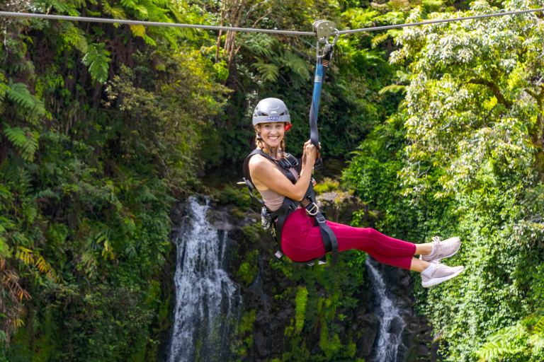 Hawaiiziplinetours Waterfall Zipline Adventure Tour Feature Seven Lines Woman Take A Photo