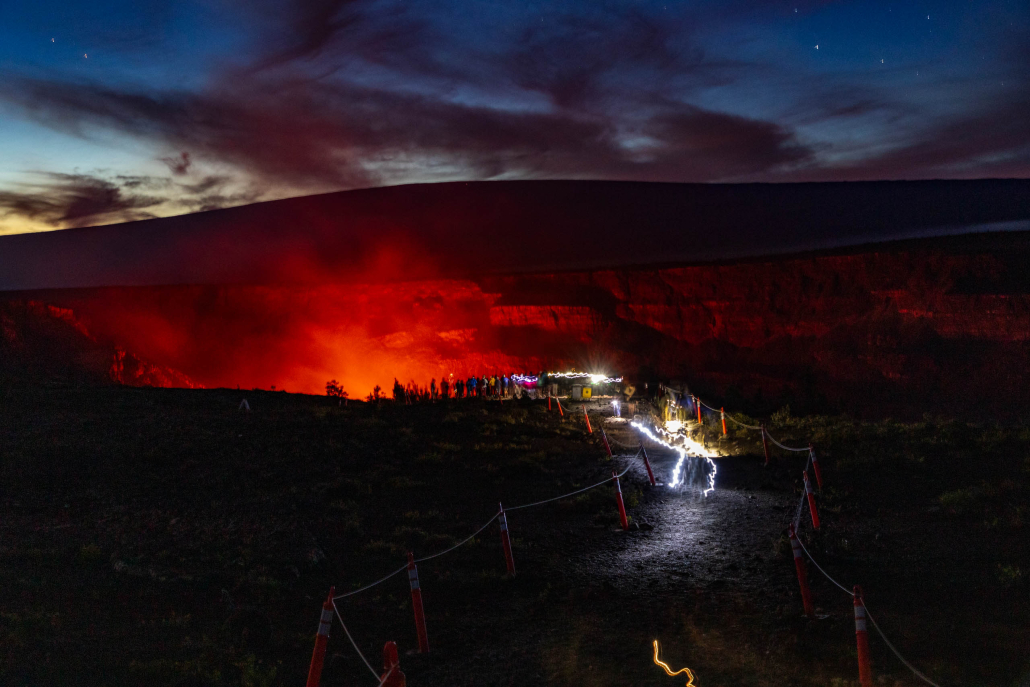 Halemaumau Crater Night Glow and Viditors Volcanoes National Park Kilauea Hawaii Island