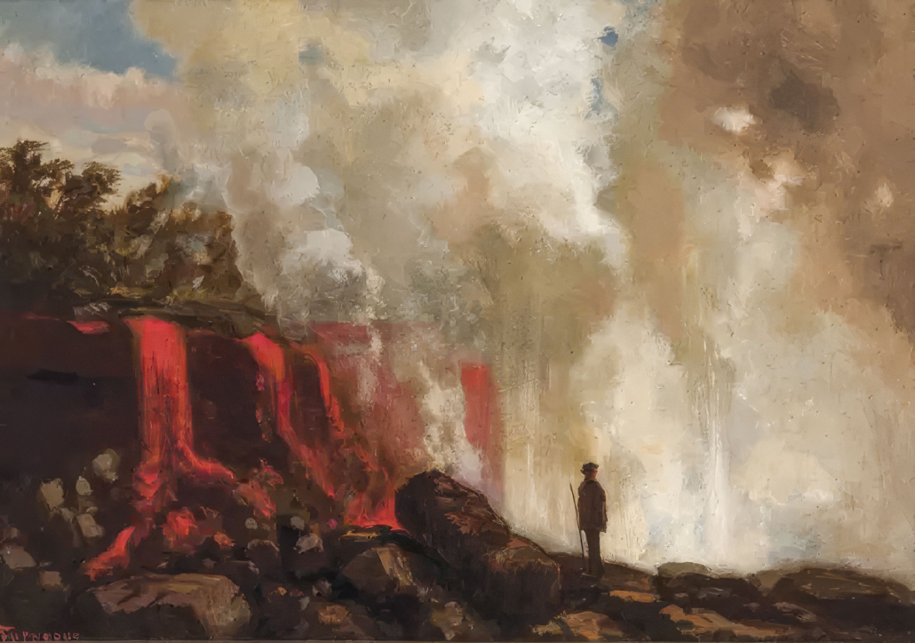 Painting of the July 20th, 1881 lava cascade in Kūkūau gulch near Hilo by Charles Furneaux (National Park Service, Hawai‘i Volcanoes National Park archives