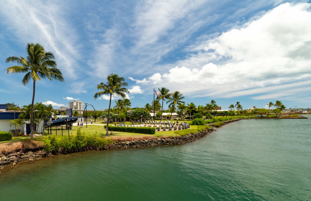 View of shoreline and visitor center from the USS Bowfin Submarine at Pearl Harbor Oahu Hawaii