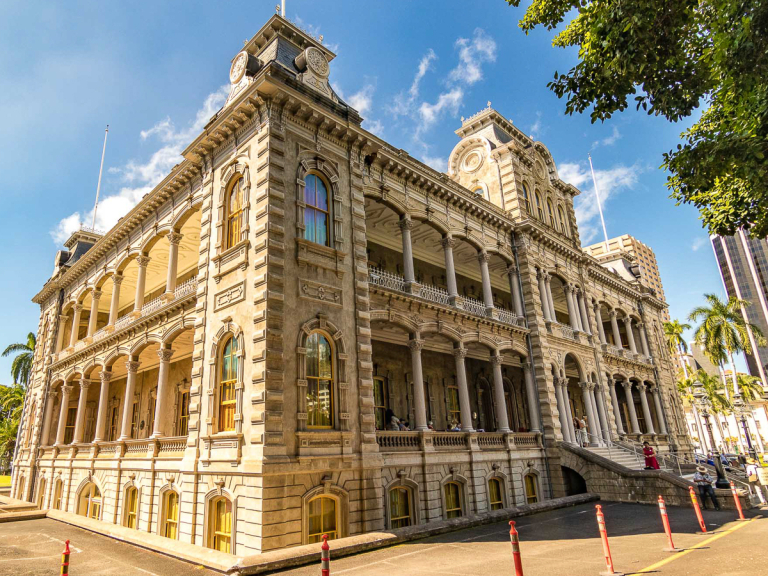 Back Corner Shot of Iolani Palace ʻIolani Palace in Honolulu, the historic royal residence of Hawaiian monarchs