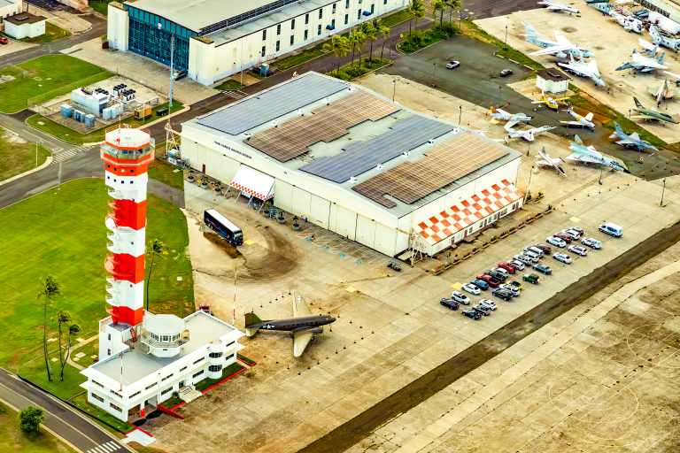 T Pearl Harbor Aerial Aviation Museum Oahu-hawaiitoursphoto-2 Aerial view of Pearl Harbor Aviation Museum and Ford Island Control Tower in Oahu
