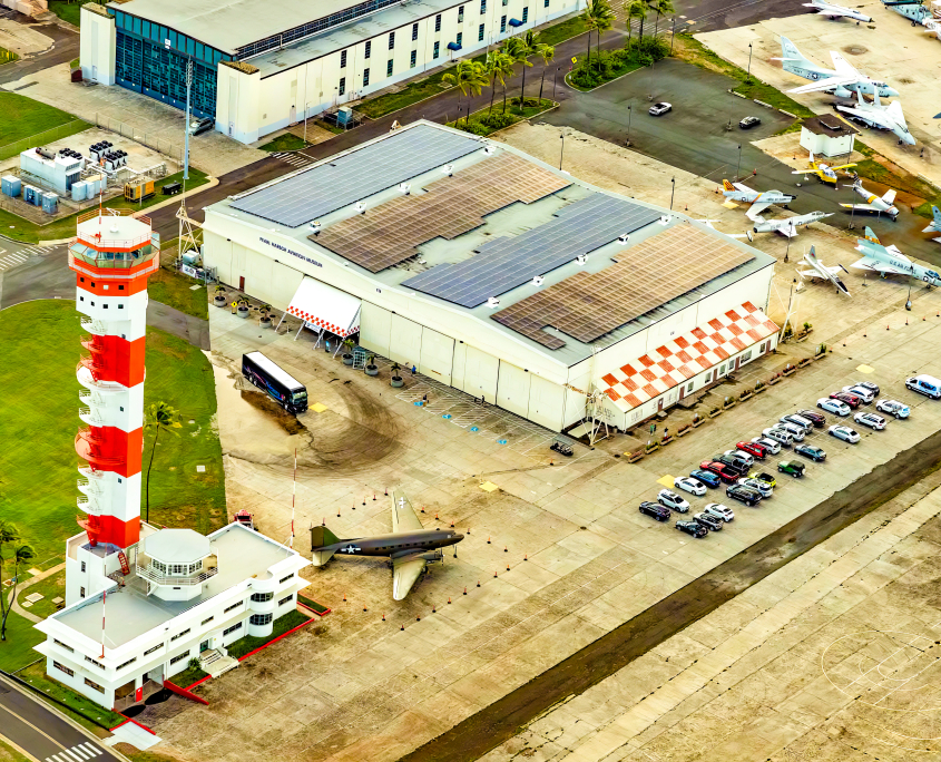Aerial view of Pearl Harbor Aviation Museum and Ford Island Control Tower in Oahu