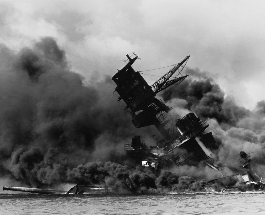 USS Arizona burning after Japanese attack on Pearl Harbor, December 7, 1941
