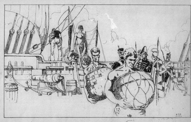 Ink drawing of USS Sir Andrew Hammond in Honolulu, 1814 by Arman Manookian