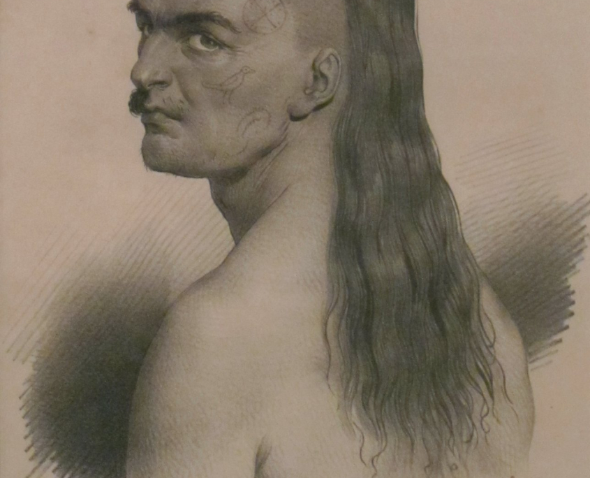Tattooed Hawaiian chieftain lithograph by Jacques Arago, 1819, Honolulu Museum of Art