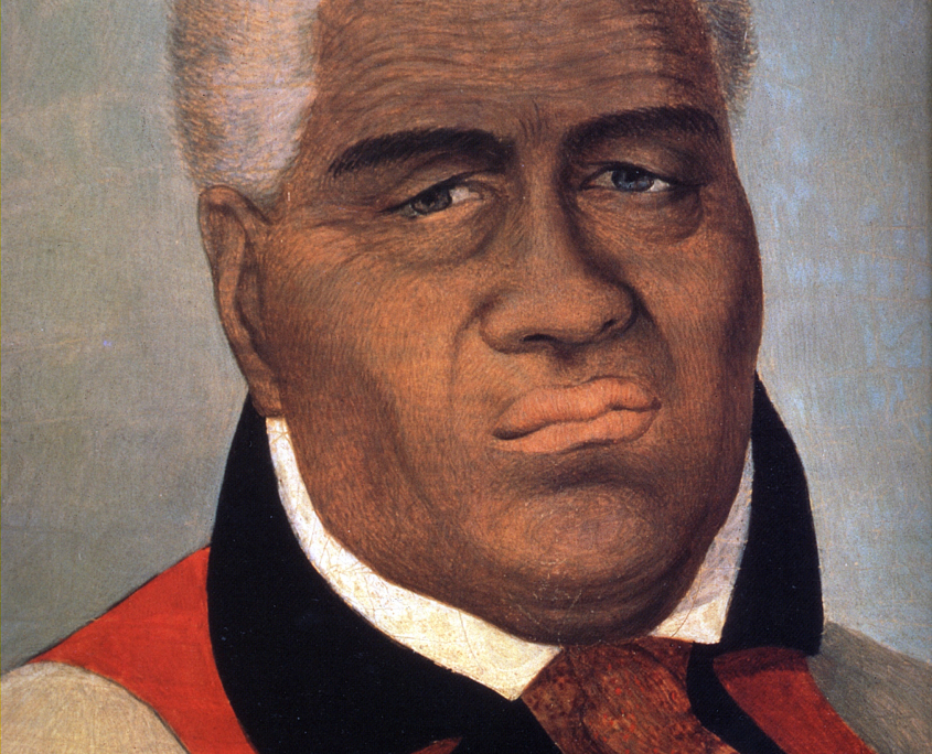 Portrait of King Kamehameha I wearing the feather cloak (ahu ʻula), by James Gay Sawkins, 1850, Iolani Palace.