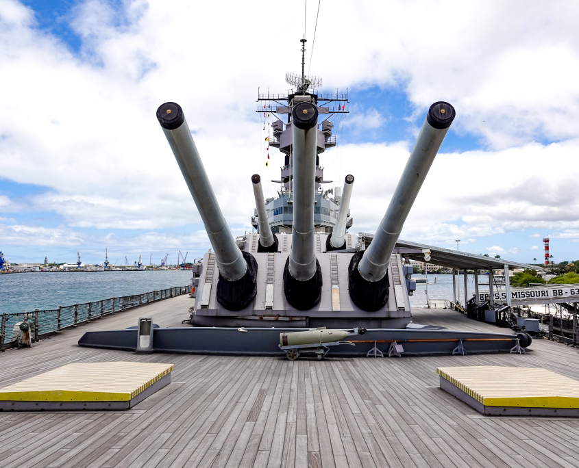 View of the USS Missouri battleship deck with 16-inch guns at Pearl Harbor, Oʻahu