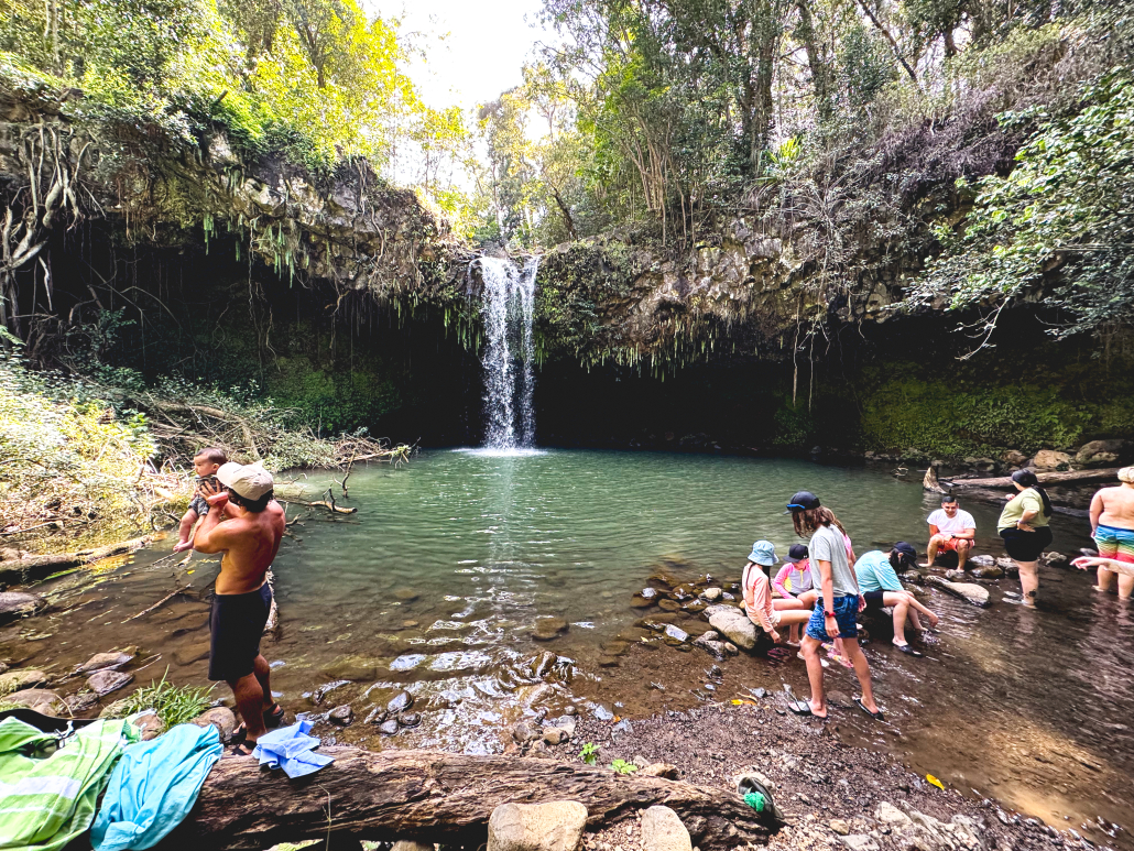 Twin Falls-Road to Hana-hawaiitoursphoto Visitors swimming and relaxing at Twin Falls waterfall on the Road to Hāna, Maui