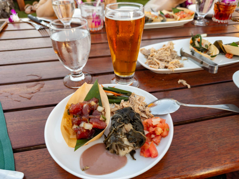 Old Lahaina Luau Food Poke, Lau Lau, Lomi Lomi Salmon, Poi Maui