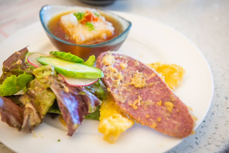 Tasting-Kauai-gourmet-dish-with-salad-and-sauce-2