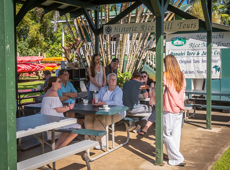 Tasting-Kauai-group-listening-to-tour-guide-at-picnic-tables