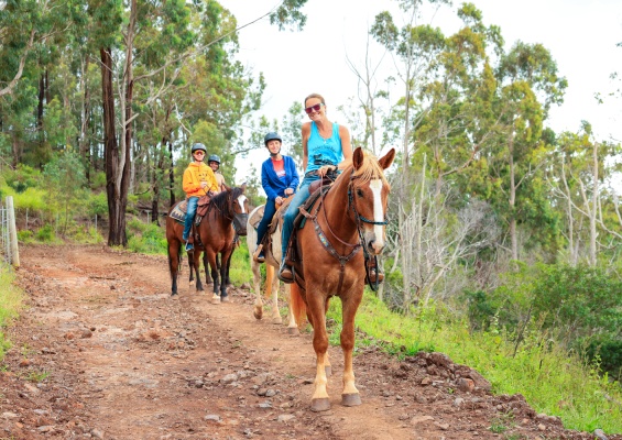 mother and children enjoying horseback riding